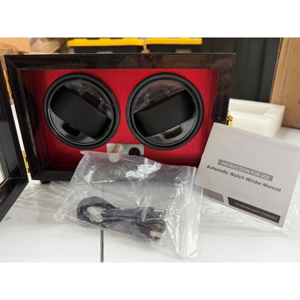 Dual Automatic Watch Winder Box Red Interior Glossy Wood Grain Finish USB Power